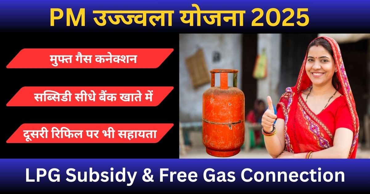 PM उज्ज्वला योजना 2025 की जानकारी दिखाता हुआ इंफोग्राफिक – मुफ्त LPG गैस कनेक्शन और सब्सिडी विवरण।
