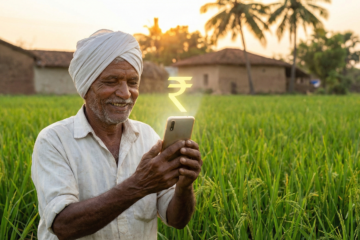 Happy Indian farmer checking PM Kisan Yojana payment status on mobile phone with glowing Rupee symbol
