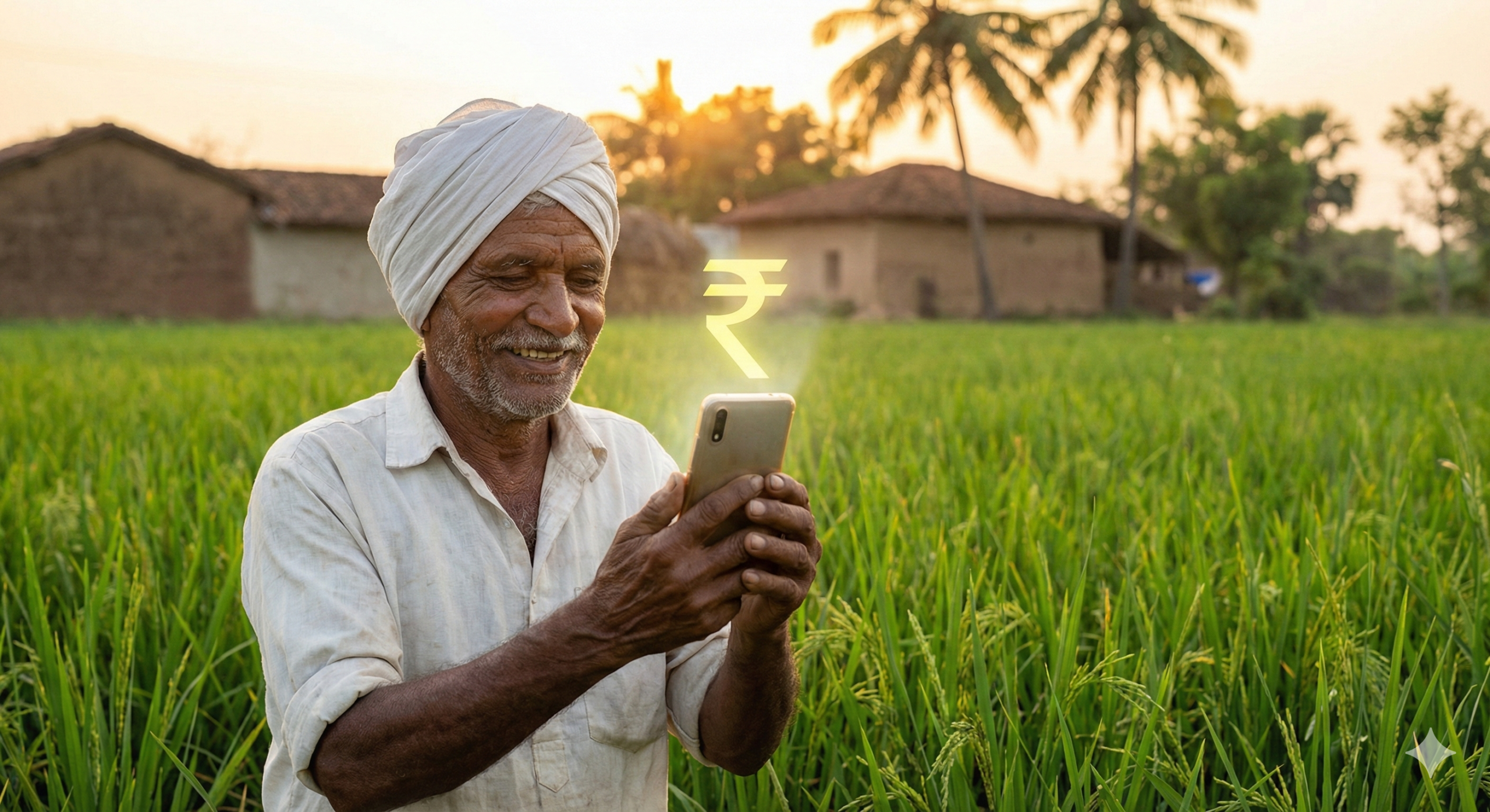 Happy Indian farmer checking PM Kisan Yojana payment status on mobile phone with glowing Rupee symbol