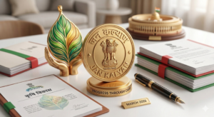 "भारतीय राष्ट्रीय प्रतीक (अशोक स्तंभ) वाला सुनहरी सिक्का, जिसके चारों ओर 'जन कल्याण' और 'PROGRESS THROUGH CARE' लिखा है, एक साफ़ मेज़ पर सरकारी दस्तावेज़ों और पेन के बीच रखा है।"