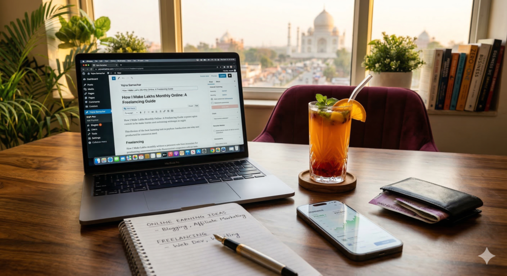 ऑनलाइन कमाई (Online Earning) करते हुए लैपटॉप और फ्रूट जूस का आनंद लेते युवा ब्लॉगर की फोटो - Yojna Samachar