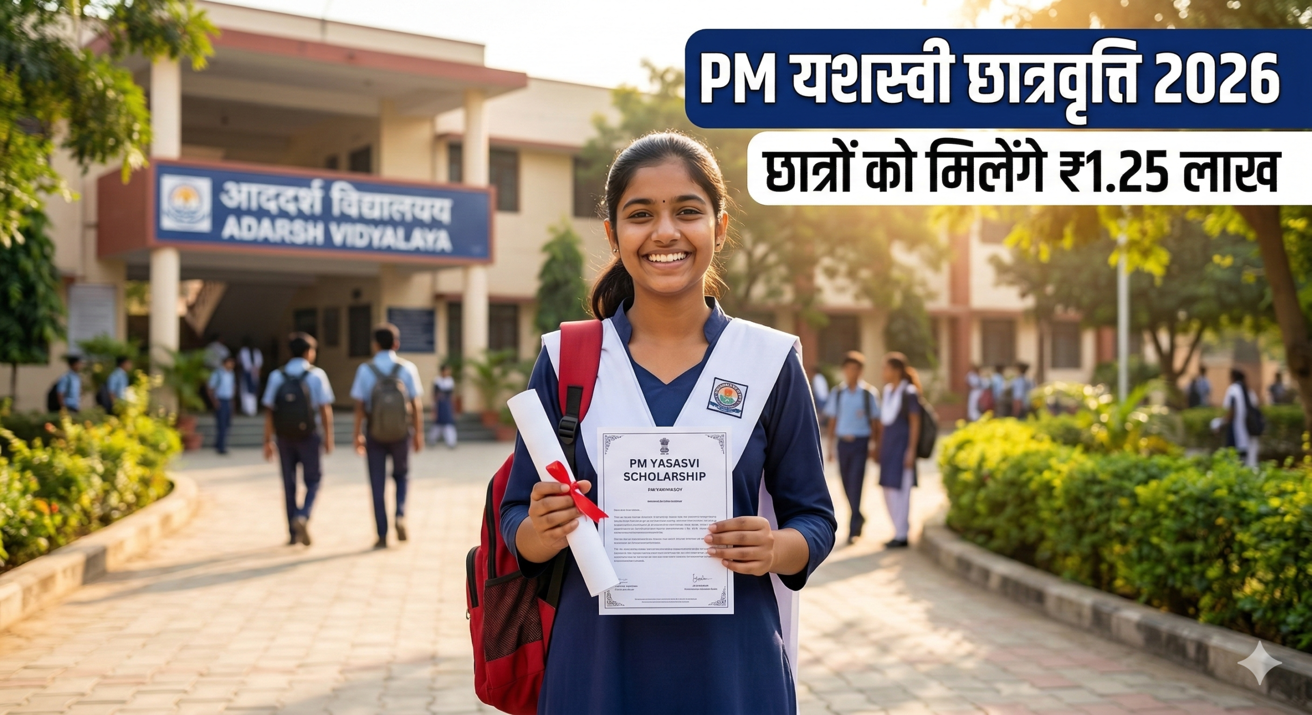 Indian students smiling and holding scholarship certificates for PM Yasasvi Scheme 2026 application in Hindi.